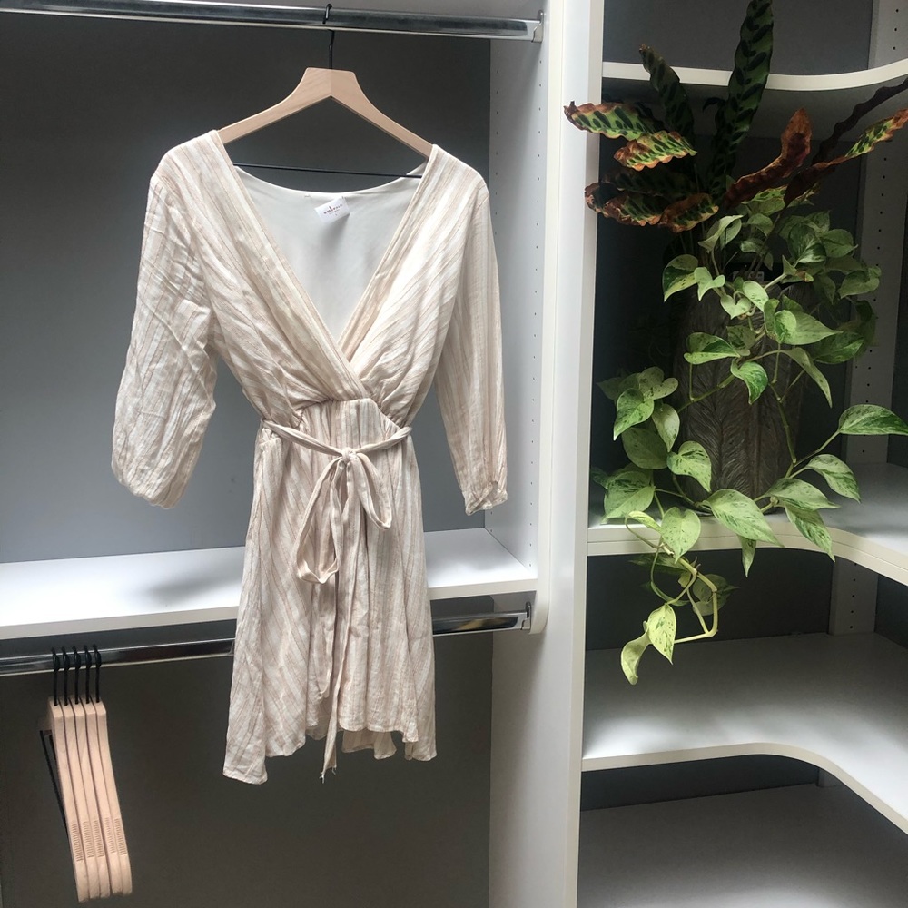 Striped white and beige wrap dress